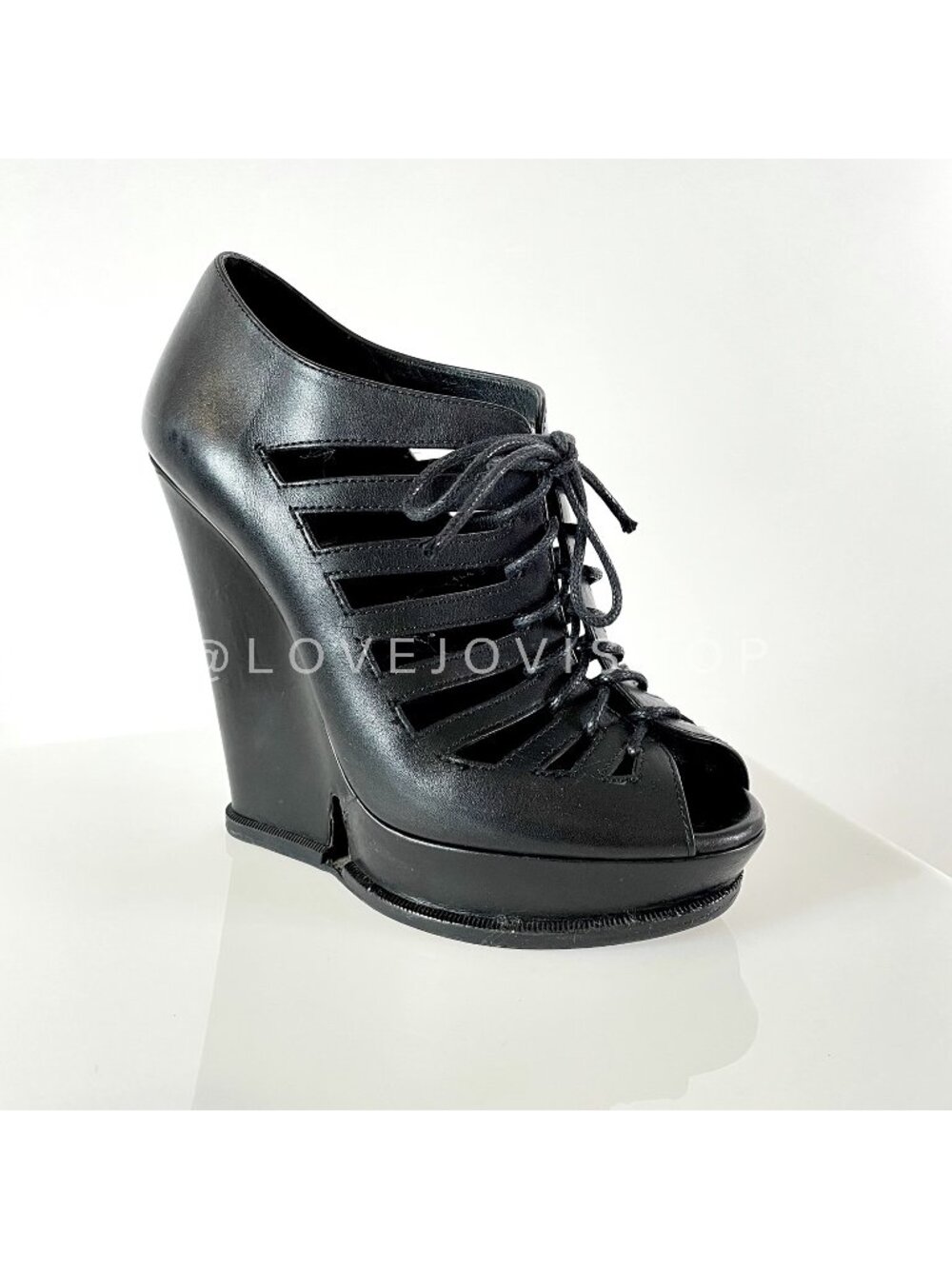 Runway | Yves Saint Laurent Lace-Up Cage Heels | YSL Black Leather Wedge | Grail